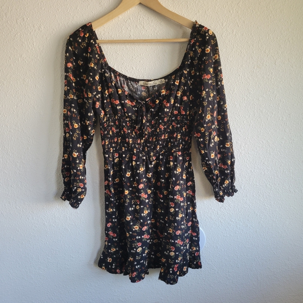 Floral Smocked Liberty Love Long Sleeve Peasant Babydoll Dress Womens Size M